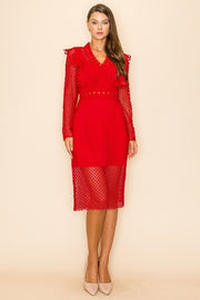 Long sleeves lace dress-Red