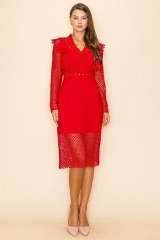 Long sleeves lace dress-Red