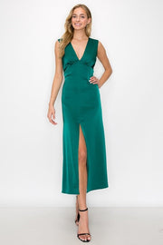 Green Satin V Back Twist Midi Dress