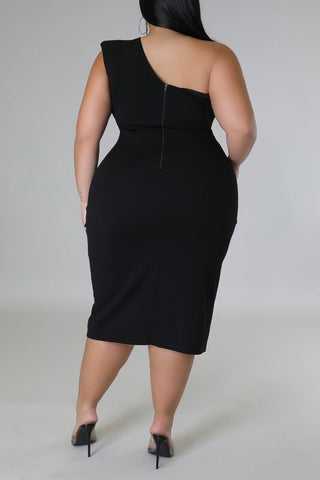 Emma Plus Size One Shoulder Cut Out Dress With Side slit - Black