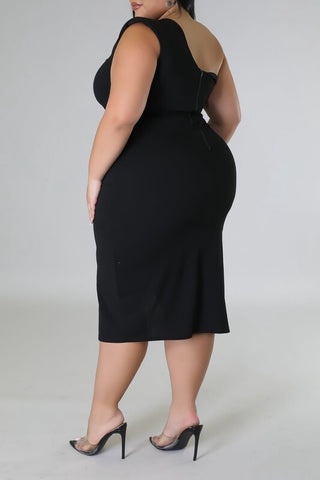 Emma Plus Size One Shoulder Cut Out Dress With Side slit - Black