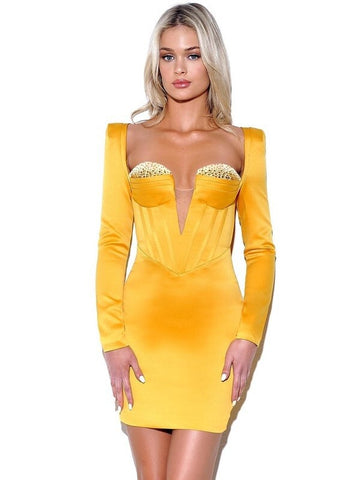 Gold Satin Corset Dress with Crystals