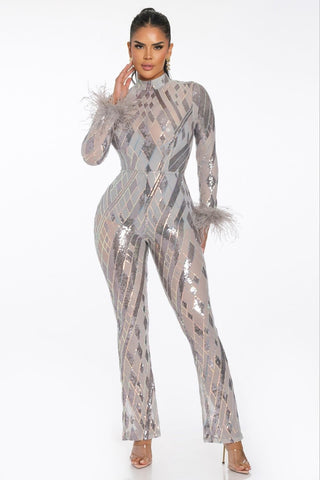 LONG SLEEVE SEQUIN JUMPSUIT W/ FEATHER CUFFS