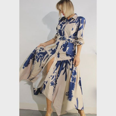 Maxi Print Uneven Belted Long Dress