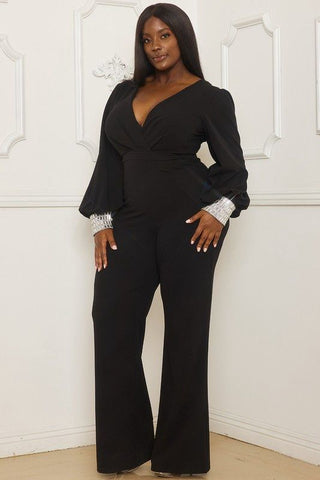 RHINESTONE ON CUFFS DETAIL PLUS SIZE JUMPSUIT