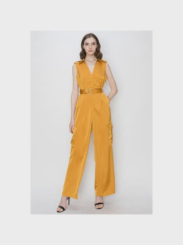 Satin V-Neck Side Pockets Cargo Pants Jumpsuit