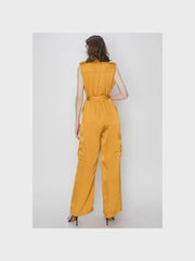 Satin V-Neck Side Pockets Cargo Pants Jumpsuit