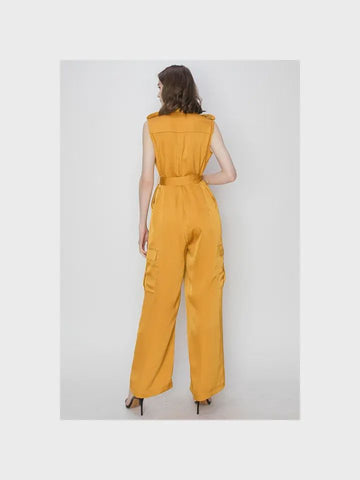 Satin V-Neck Side Pockets Cargo Pants Jumpsuit