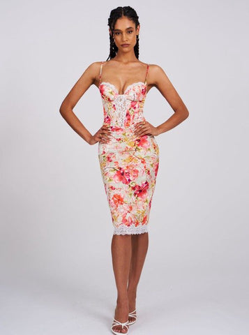 Florianne Red Floral Print Satin Midi Dress