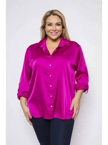 Plus Size Satin Button Up Collared Blouse -Blue