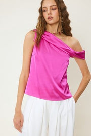 Folded Neckline One Shoulder Satin Top