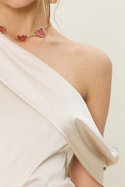 Folded Neckline One Shoulder Satin Top