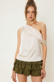 Folded Neckline One Shoulder Satin Top