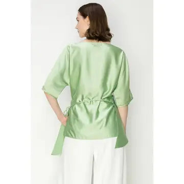 Satin Short Sleeve Side Wraptie Blouse